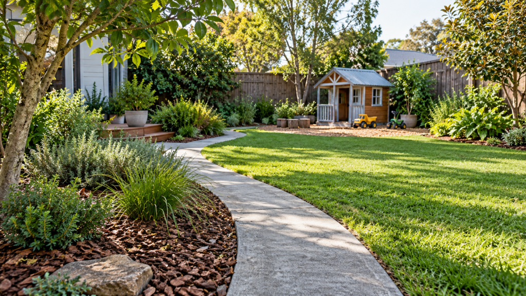 Concrete garden path beside planted beds