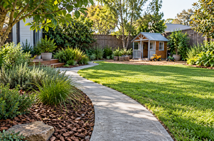 Concrete garden path beside planted beds